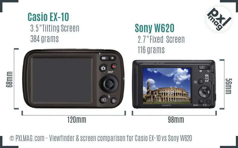 Casio EX-10 vs Sony W620 Screen and Viewfinder comparison