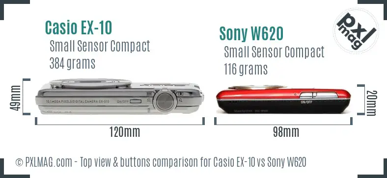 Casio EX-10 vs Sony W620 top view buttons comparison
