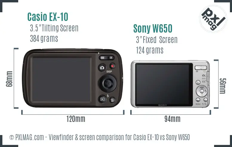 Casio EX-10 vs Sony W650 Screen and Viewfinder comparison