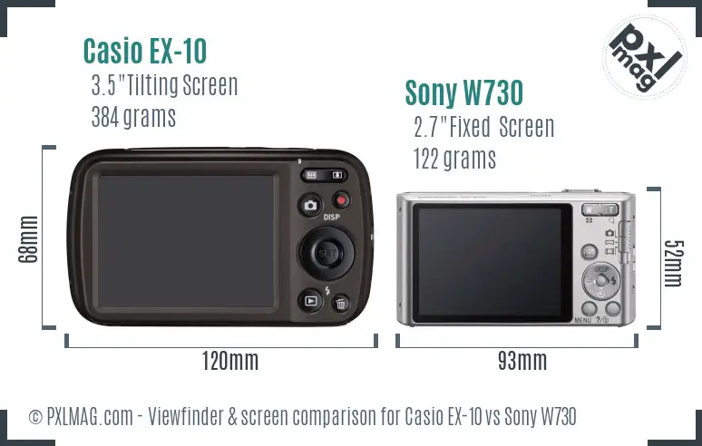 Casio EX-10 vs Sony W730 Screen and Viewfinder comparison