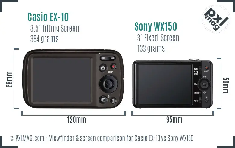 Casio EX-10 vs Sony WX150 Screen and Viewfinder comparison