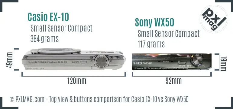 Casio EX-10 vs Sony WX50 top view buttons comparison