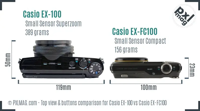 Casio EX-100 vs Casio EX-FC100 top view buttons comparison