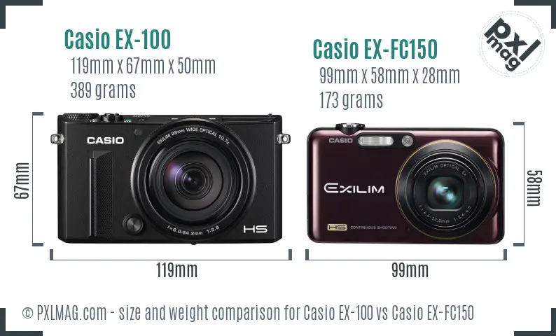 Casio EX-100 vs Casio EX-FC150 size comparison