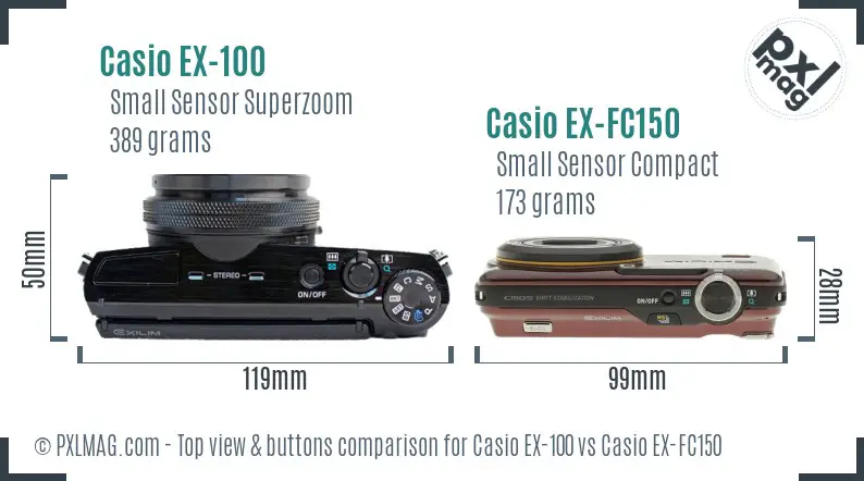 Casio EX-100 vs Casio EX-FC150 top view buttons comparison