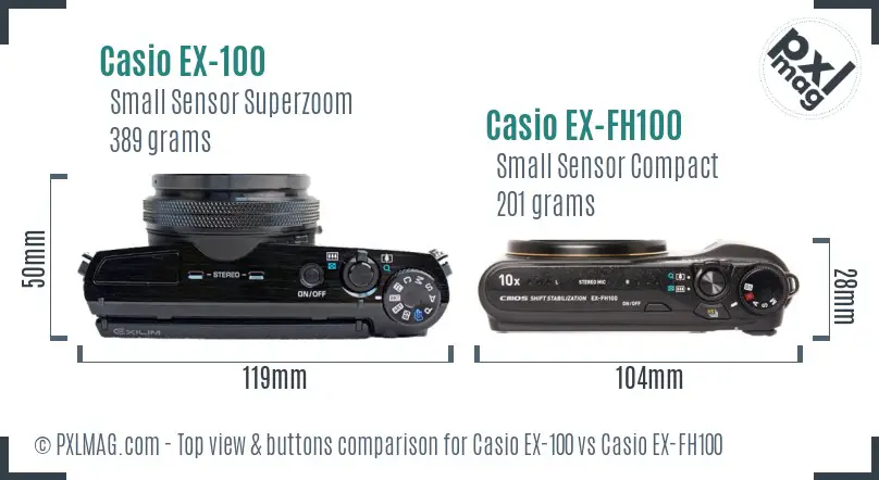 Casio EX-100 vs Casio EX-FH100 top view buttons comparison