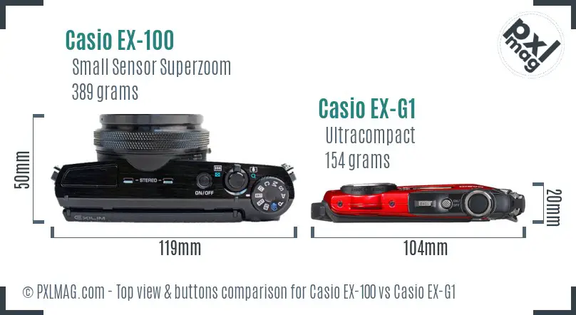 Casio EX-100 vs Casio EX-G1 top view buttons comparison