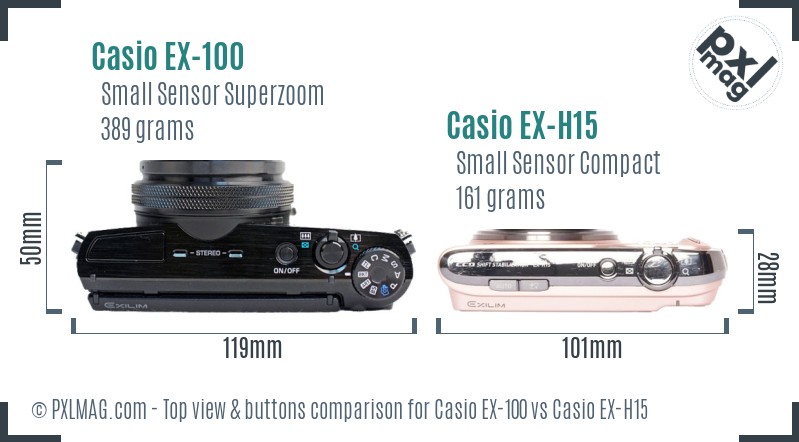 Casio EX-100 vs Casio EX-H15 top view buttons comparison