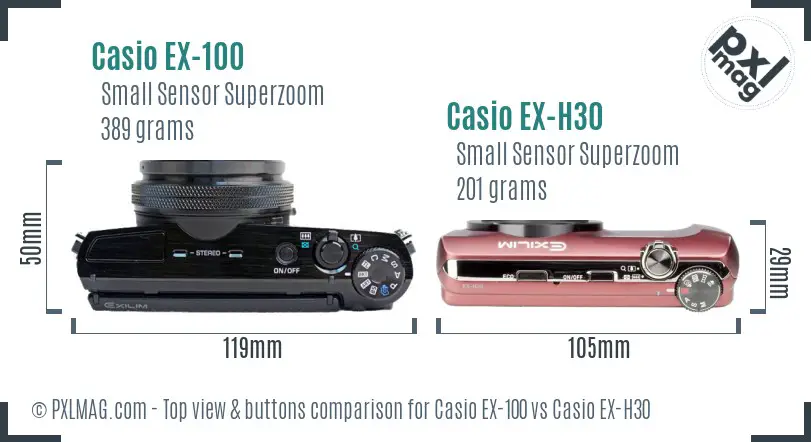 Casio EX-100 vs Casio EX-H30 top view buttons comparison