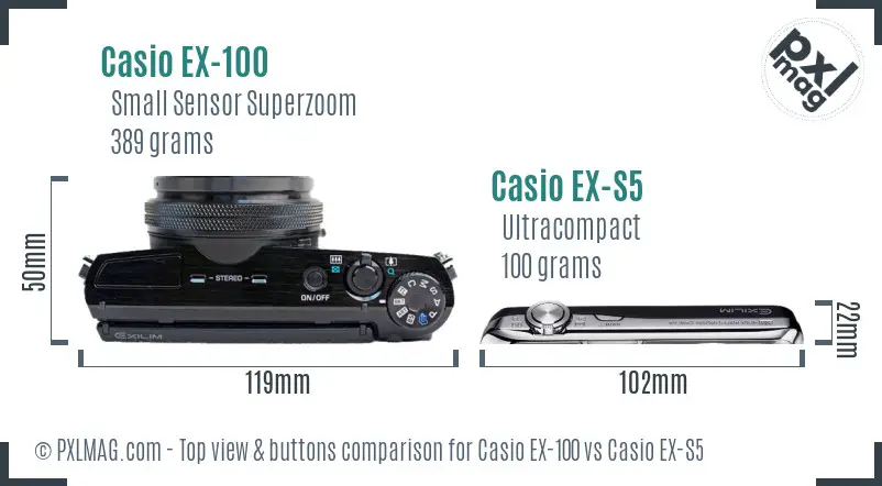 Casio EX-100 vs Casio EX-S5 top view buttons comparison