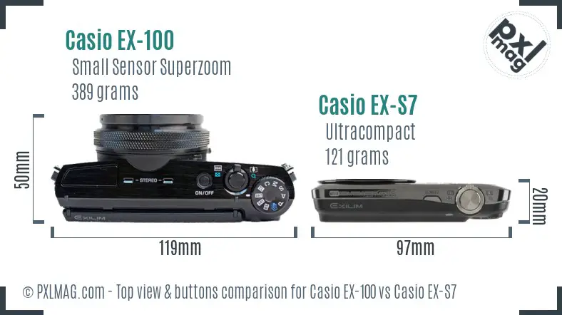 Casio EX-100 vs Casio EX-S7 top view buttons comparison