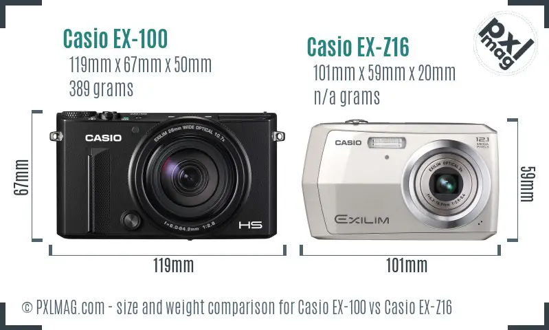 Casio EX-100 vs Casio EX-Z16 size comparison