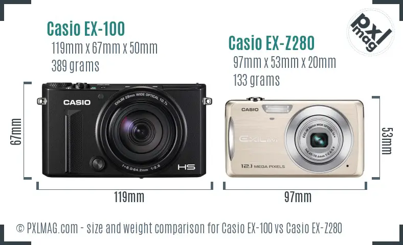 Casio EX-100 vs Casio EX-Z280 size comparison