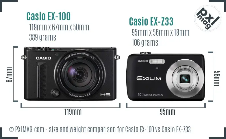 Casio EX-100 vs Casio EX-Z33 size comparison