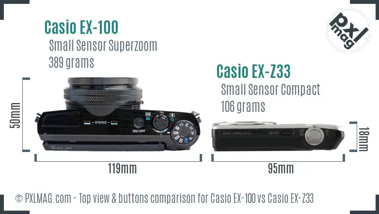 Casio EX-100 vs Casio EX-Z33 top view buttons comparison