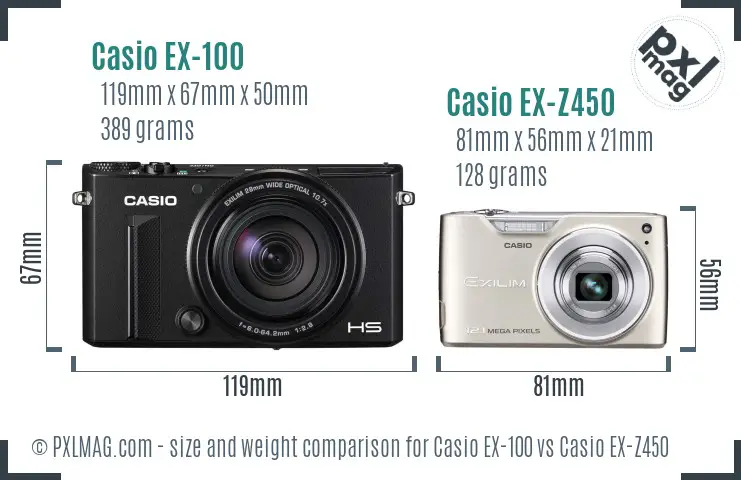 Casio EX-100 vs Casio EX-Z450 size comparison