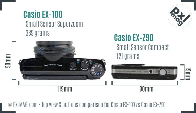 Casio EX-100 vs Casio EX-Z90 top view buttons comparison