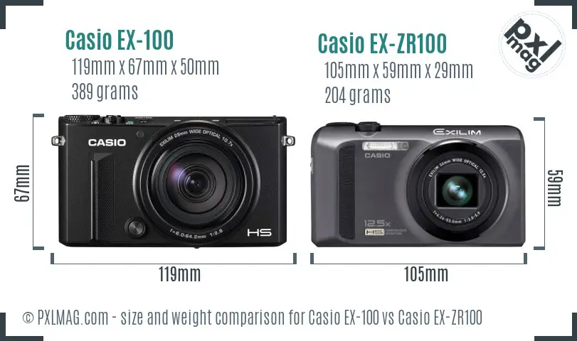 Casio EX-100 vs Casio EX-ZR100 size comparison