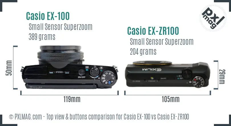 Casio EX-100 vs Casio EX-ZR100 top view buttons comparison