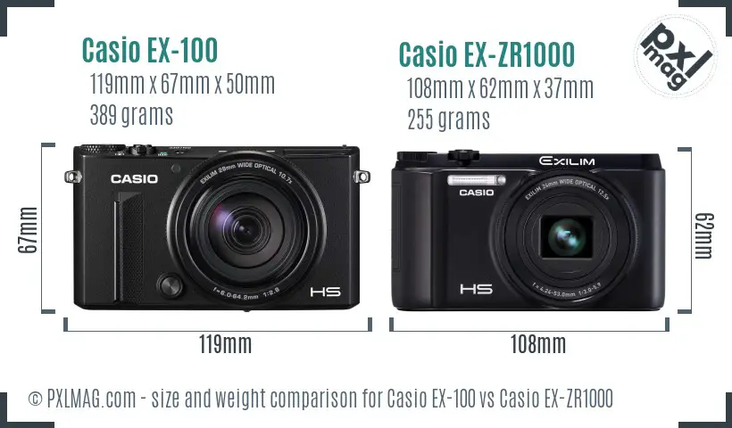 Casio EX-100 vs Casio EX-ZR1000 size comparison