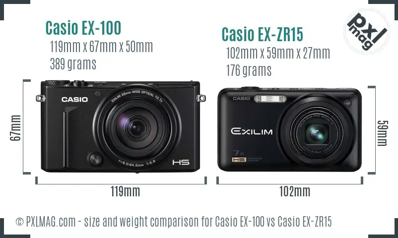 Casio EX-100 vs Casio EX-ZR15 size comparison