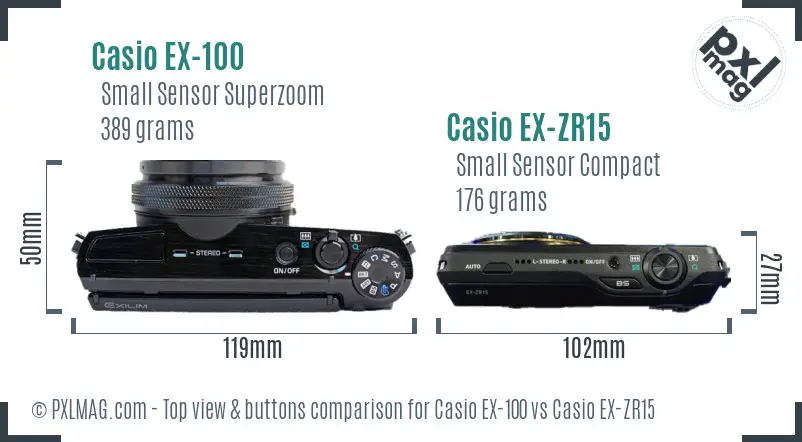 Casio EX-100 vs Casio EX-ZR15 top view buttons comparison