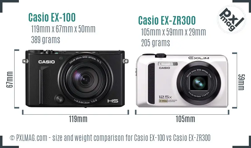 Casio EX-100 vs Casio EX-ZR300 size comparison