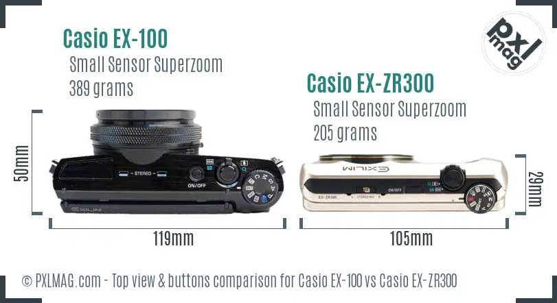 Casio EX-100 vs Casio EX-ZR300 top view buttons comparison