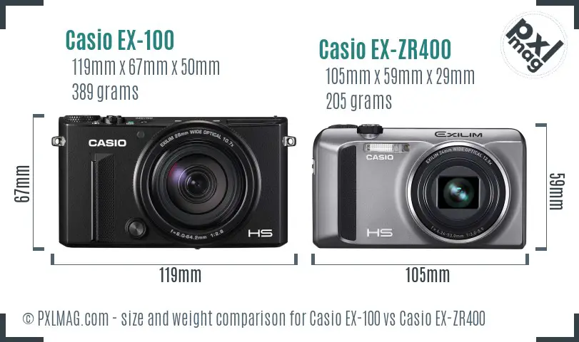 Casio EX-100 vs Casio EX-ZR400 size comparison