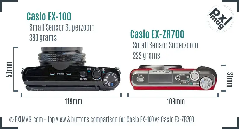 Casio EX-100 vs Casio EX-ZR700 top view buttons comparison