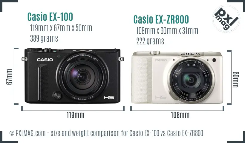 Casio EX-100 vs Casio EX-ZR800 size comparison