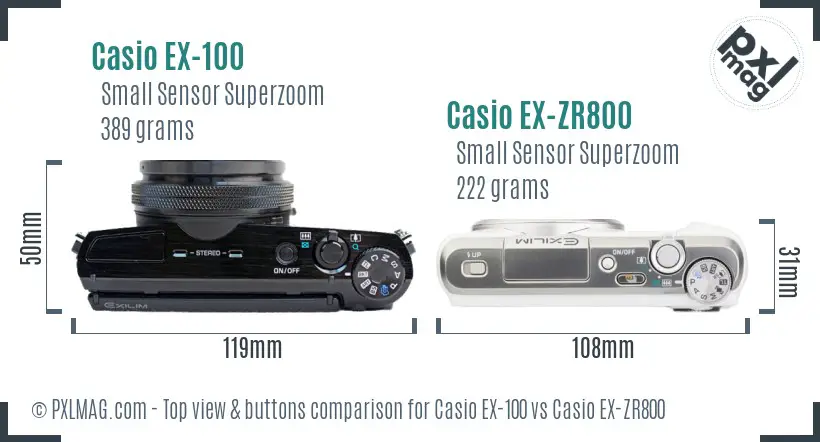 Casio EX-100 vs Casio EX-ZR800 top view buttons comparison