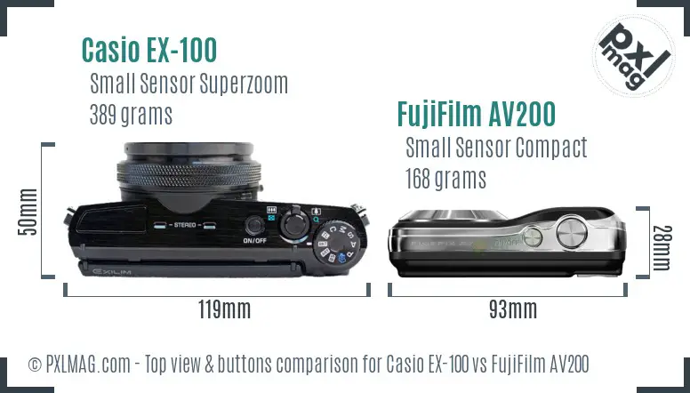 Casio EX-100 vs FujiFilm AV200 top view buttons comparison Casio EX-100 vs FujiFilm AV200 top view buttons comparison