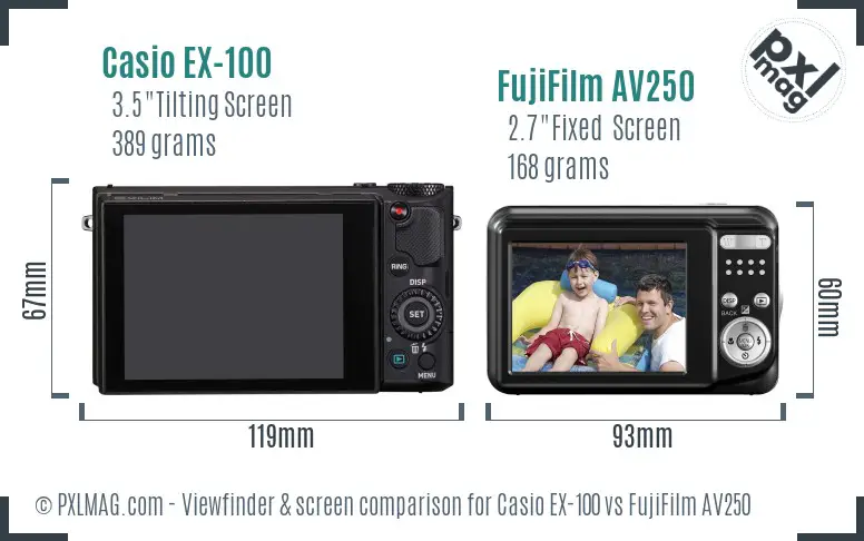 Casio EX-100 vs FujiFilm AV250 Screen and Viewfinder comparison