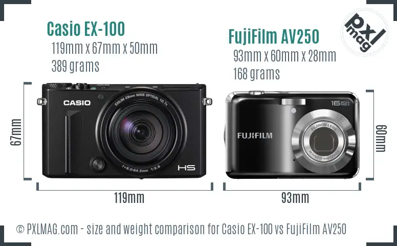 Casio EX-100 vs FujiFilm AV250 size comparison