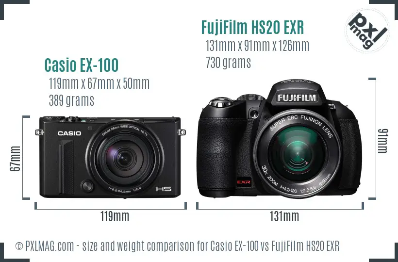 Casio EX-100 vs FujiFilm HS20 EXR size comparison