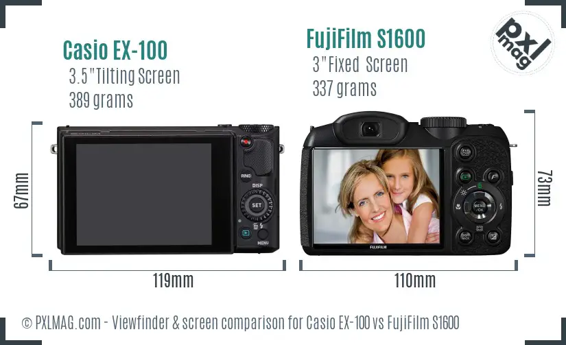 Casio EX-100 vs FujiFilm S1600 Screen and Viewfinder comparison