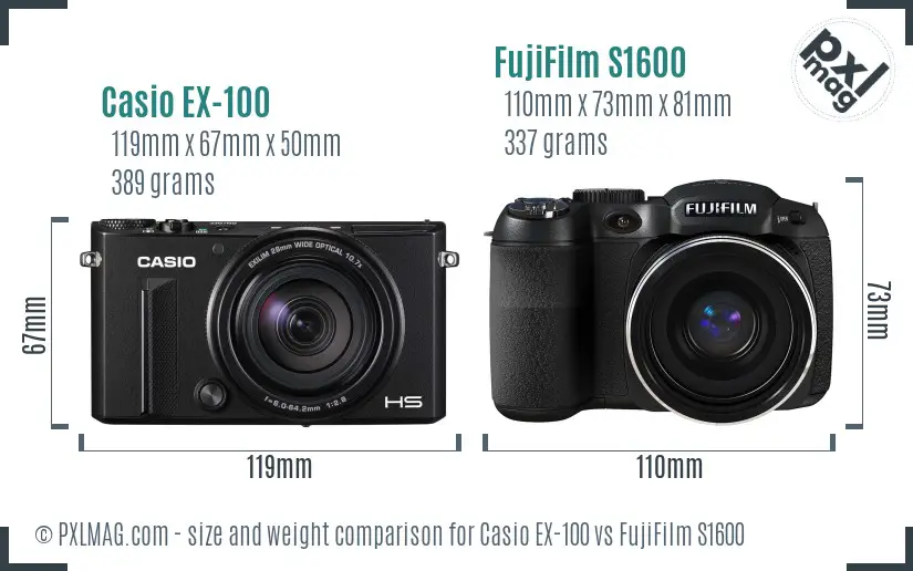 Casio EX-100 vs FujiFilm S1600 size comparison