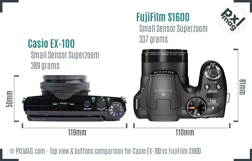 Casio EX-100 vs FujiFilm S1600 top view buttons comparison