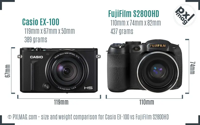 Casio EX-100 vs FujiFilm S2800HD size comparison