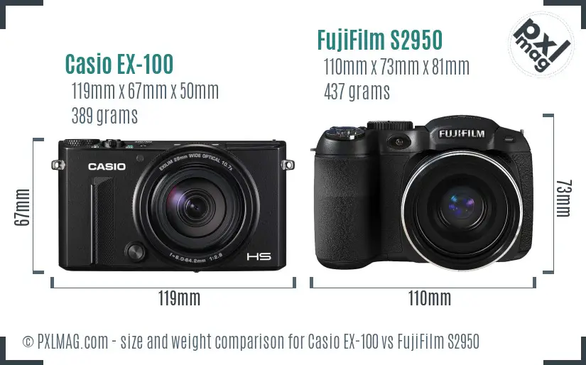 Casio EX-100 vs FujiFilm S2950 size comparison