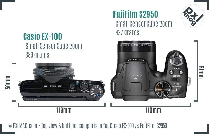 Casio EX-100 vs FujiFilm S2950 top view buttons comparison