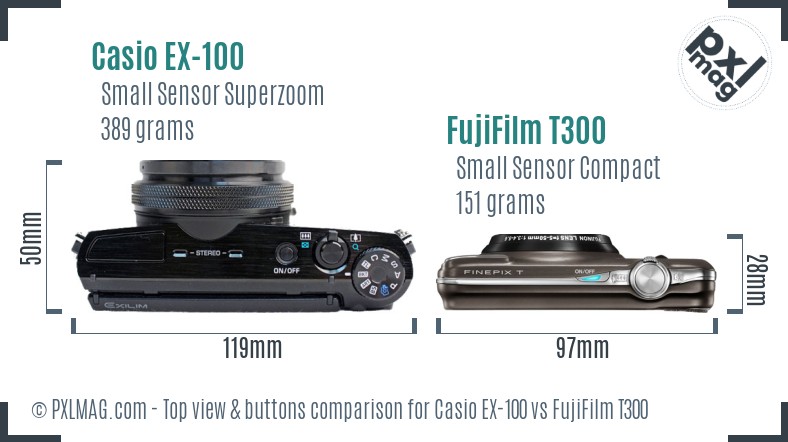 Casio EX-100 vs FujiFilm T300 top view buttons comparison
