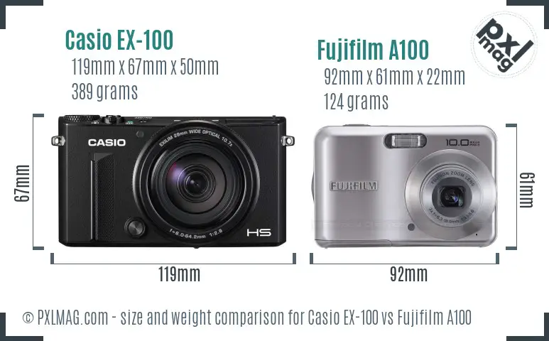 Casio EX-100 vs Fujifilm A100 size comparison