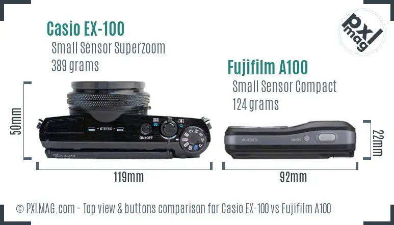 Casio EX-100 vs Fujifilm A100 top view buttons comparison