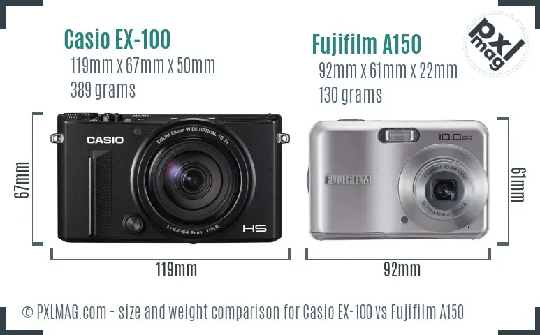 Casio EX-100 vs Fujifilm A150 size comparison
