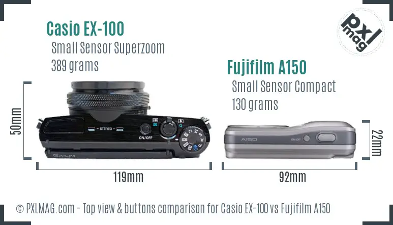 Casio EX-100 vs Fujifilm A150 top view buttons comparison
