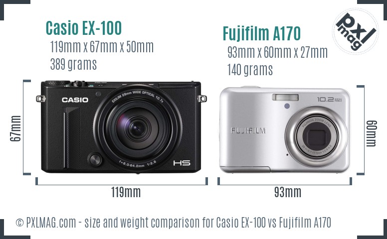 Casio EX-100 vs Fujifilm A170 size comparison
