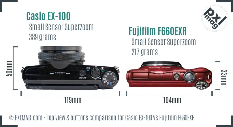Casio EX-100 vs Fujifilm F660EXR top view buttons comparison