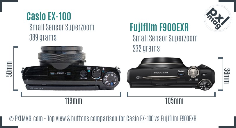 Casio EX-100 vs Fujifilm F900EXR top view buttons comparison